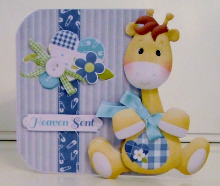 Baby giraff over the side card with large decoupage and sentiment tags by Pam Stubley