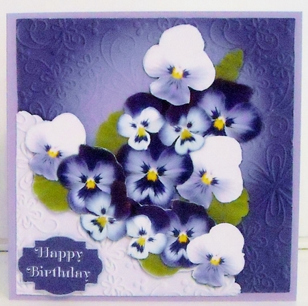 Purple Pansies with Embossed look and faux Corner Pocket by Pam Stubley