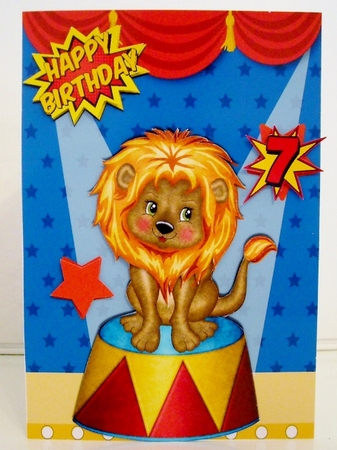 Lovely Lion sitting on a stand in a circus A5 by Pam Stubley