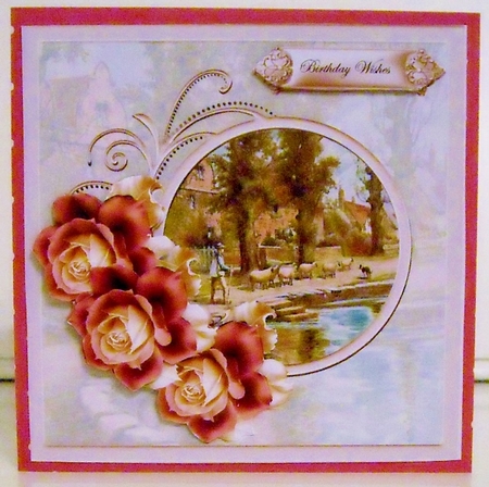 Rustic rose and village life 7x7 card with decoupage by Pam Stubley
