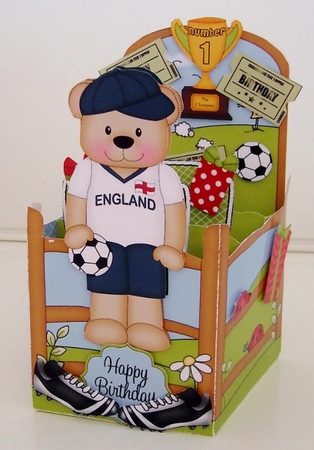 3D Football Freddy Teddy Plays for England Rubber Band Pop Up Box Card by Pam Stubley