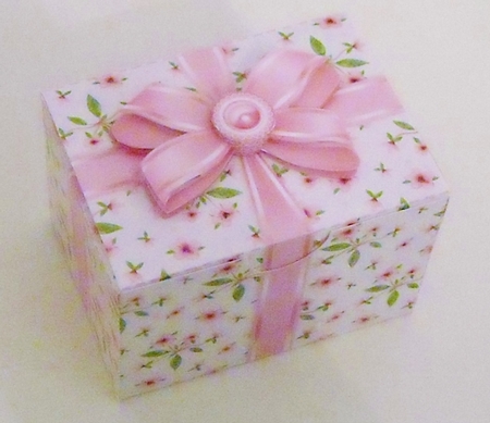 Gift Box Pink Flowers on a White Background with Bow Decoupage by Pam Stubley