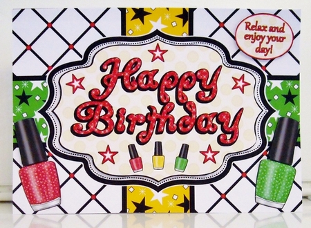 Happy Birthday Nail Polish Quick Card A5 In Red Gold And Green by Pam Stubley