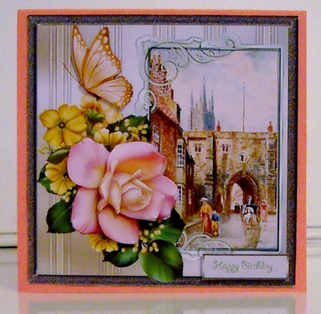 Bridlington town card with rose decoupage and sentiment tags by Pam Stubley