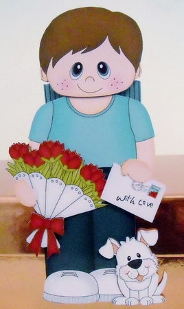 3D On the Shelf Card Kit - Cute Little Boy Alden with Bunch of Roses, letter & Dog Joi by Pam Stubley