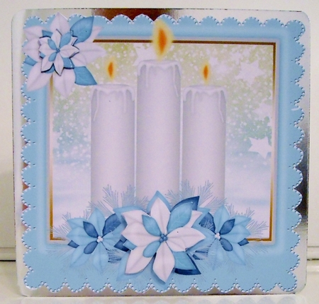 Pretty candles in turq snow frame with snowflakes 8x8 by Pam Stubley