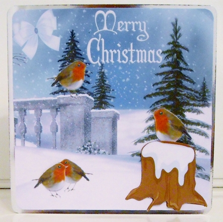 Robins in the snow 8x8 by Pam Stubley
