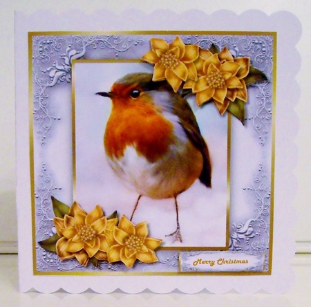 Christmas Robin & golden poinsettias by Pam Stubley