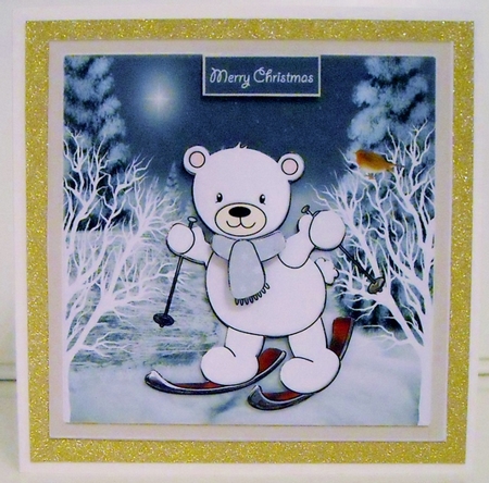 Sking polar bear 7x7 card with decoupage by Pam Stubley