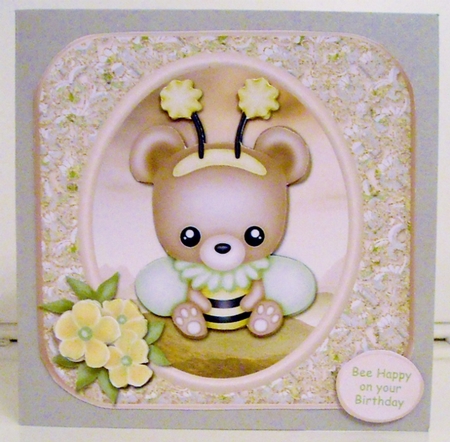 Bee Happy Bear Rounded Square Card Front by Pam Stubley