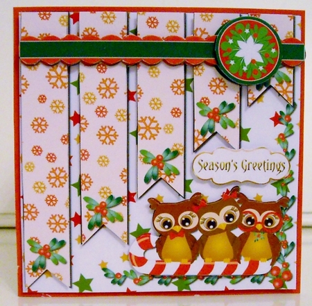Diminishing Ribbon Card - Christmas Owls In A Row by Pam Stubley