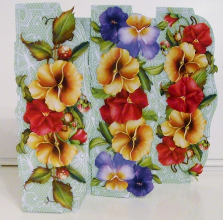 Pansy Flowers Butterfly Lace 3 Fold Concertina Kit, Assorted Greetings, Decoupage & Matching Envelope _ PU - 300 DPI by Pam Stubley