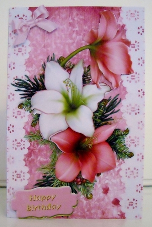 Pretty pink and white Amaryllis on lace with bow A5 by Pam Stubley