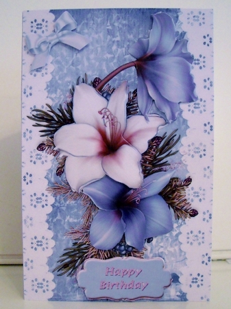 Pretty lilac and white Amaryllis on lace with bow A5 by Pam Stubley