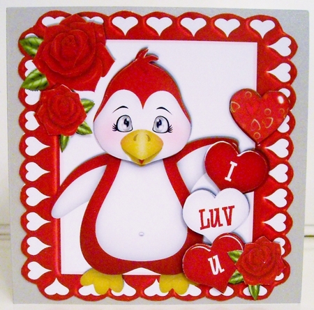 I LUV U! Penquin with hearts and red roses 8x8 by Pam Stubley
