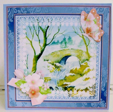 8x8 watercolour card topper with bridge in snow and decoupage by Pam Stubley