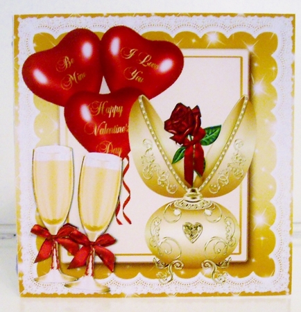 Gold faberge egg with red rose,  heart balloons & champers 8x8 by Pam Stubley