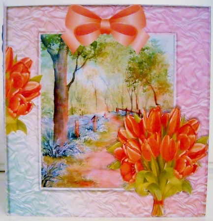 lovely spring walk amongst the bluebells and red  tulips 8x8 by Pam Stubley