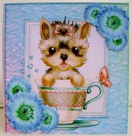 Loveable little yorkie in a teacup with flowers 8x8 by Pam Stubley