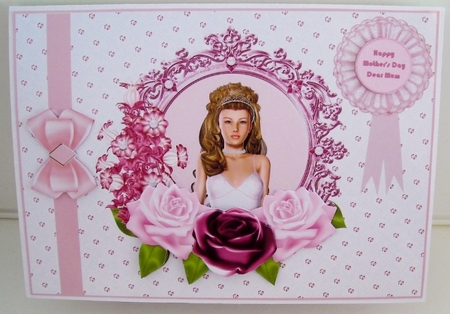 Lady in floral frame step by step card front. by Pam Stubley