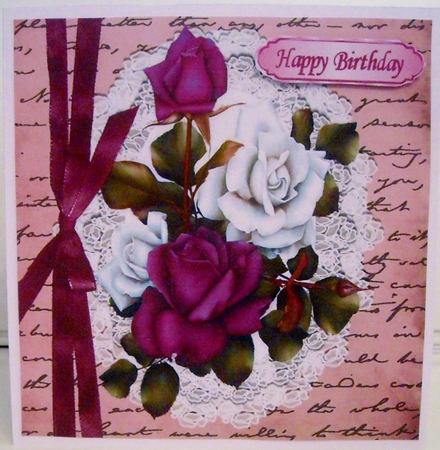 Pretty purple/white roses on script with lace & border bow 8x8 by Pam Stubley