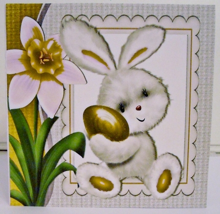Cute easter bunny with egg and gold flower 8x8 by Pam Stubley