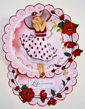 1950s Red Hat Lady Scalloped Round Easel Card Mini Kit by Pam Stubley