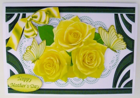 pretty yellow roses on lace in black art deco frame with bow A5 by Pam Stubley