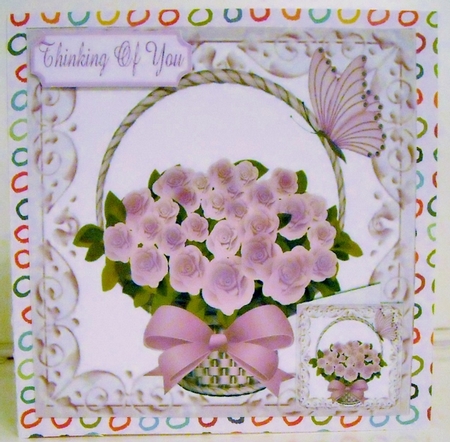 Pretty lilac roses in a basket, with small card and bow with sympathy 8x8 by Pam Stubley