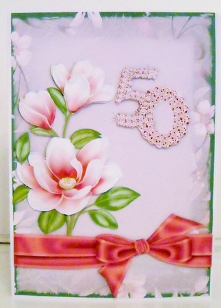 Pink Magnolia 50 Card Front with Decoupage by Pam Stubley