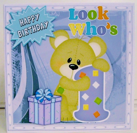 Look whos ONE, Lovely Birthday bear with present 8x8 by Pam Stubley