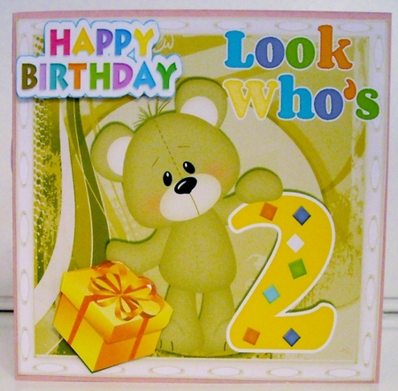 Look whos TWO, Lovely Birthday bear with present 8x8 by Pam Stubley