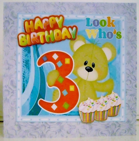 Look whos THREE, Lovely Birthday bear with present 8x8 by Pam Stubley