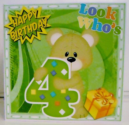 Look whos FOUR, Lovely Birthday bear with present 8x8 by Pam Stubley