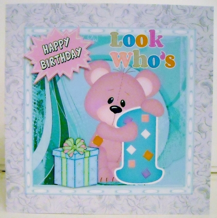 Look whos ONE, Lovely Birthday pink bear with present 8x8 by Pam Stubley