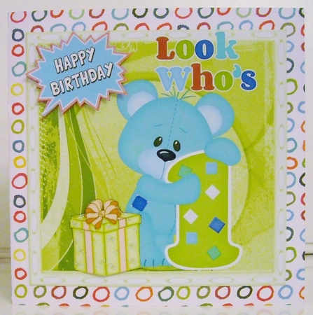 Look whos ONE, Lovely Birthday blue bear with present 8x8 by Pam Stubley