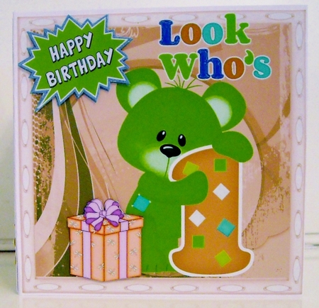 Look whos ONE, Lovely Birthday green bear with present 8x8 by Pam Stubley