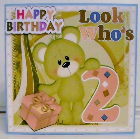 look whos TWO, Lovely Birthday bear with pink present 8x8 by Pam Stubley