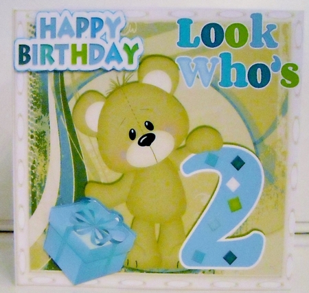 look whos TWO, Lovely Birthday bear with blue present 8x8 by Pam Stubley