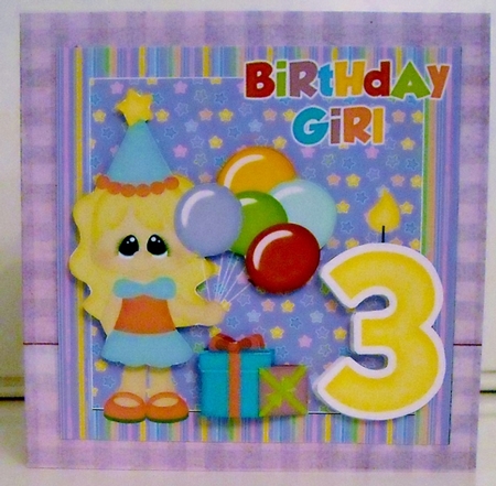 Birthday girl age 3 card front by Pam Stubley