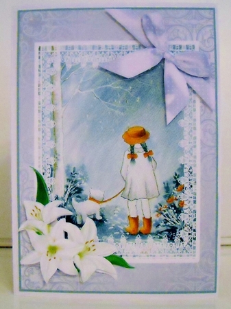 A5 Card topper Walking in the rain with lilies decoupage by Pam Stubley