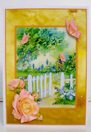 A5 Card topper The Garden Gate with rose and bow decoupage by Pam Stubley