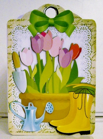 potting some pretty tulips in the garden on a lace A5 Tag by Pam Stubley