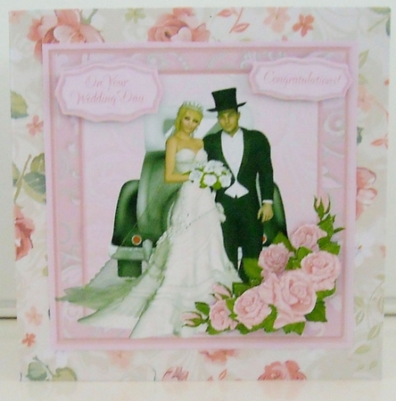 Wedding day card with bride & groom & decoupage pink roses by Pam Stubley