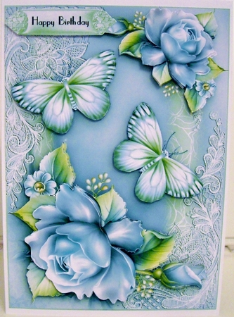 A5 Blue Rose Flutters Card Front Kit by Pam Stubley