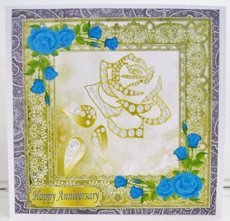 Pretty Decorative Gold Rose with diamonds, and blue roses 8x8 by Pam Stubley
