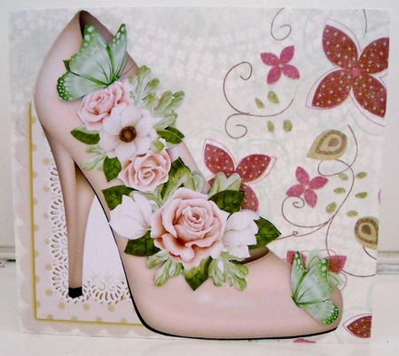 Cream shoe with painted roses over the edge  with butterflies by Pam Stubley