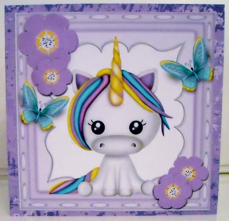 Pretty rainbow unicorn with butterflies and purple flowers 8x8 by Pam Stubley