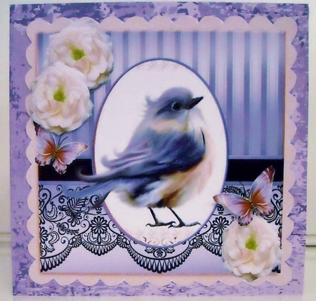 pretty lilac bird with cream roses and butterflies with black lace 8x8 by Pam Stubley
