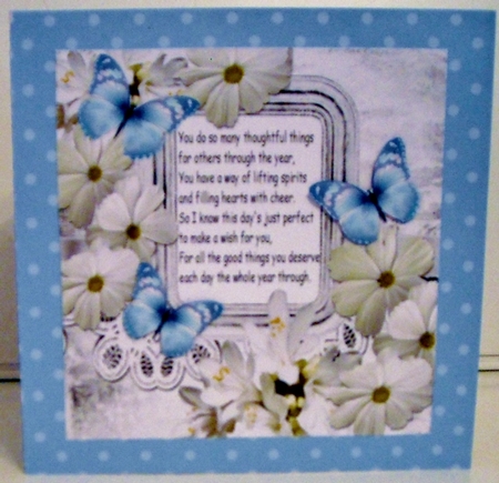 pretty white daisies, flowers and blue butterflies with verse 8x8 by Pam Stubley